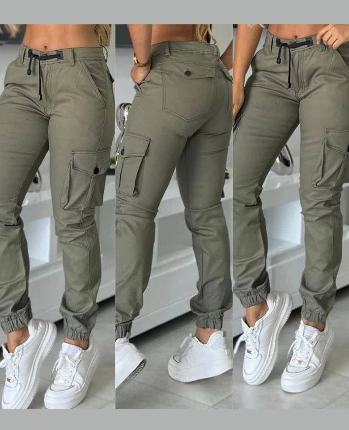 Women's Work Pants 2025 Autumn Winter Latest Urban High Waist Multiple Pockets Design Cuffed Cargo Pants Slim Fit Trousers