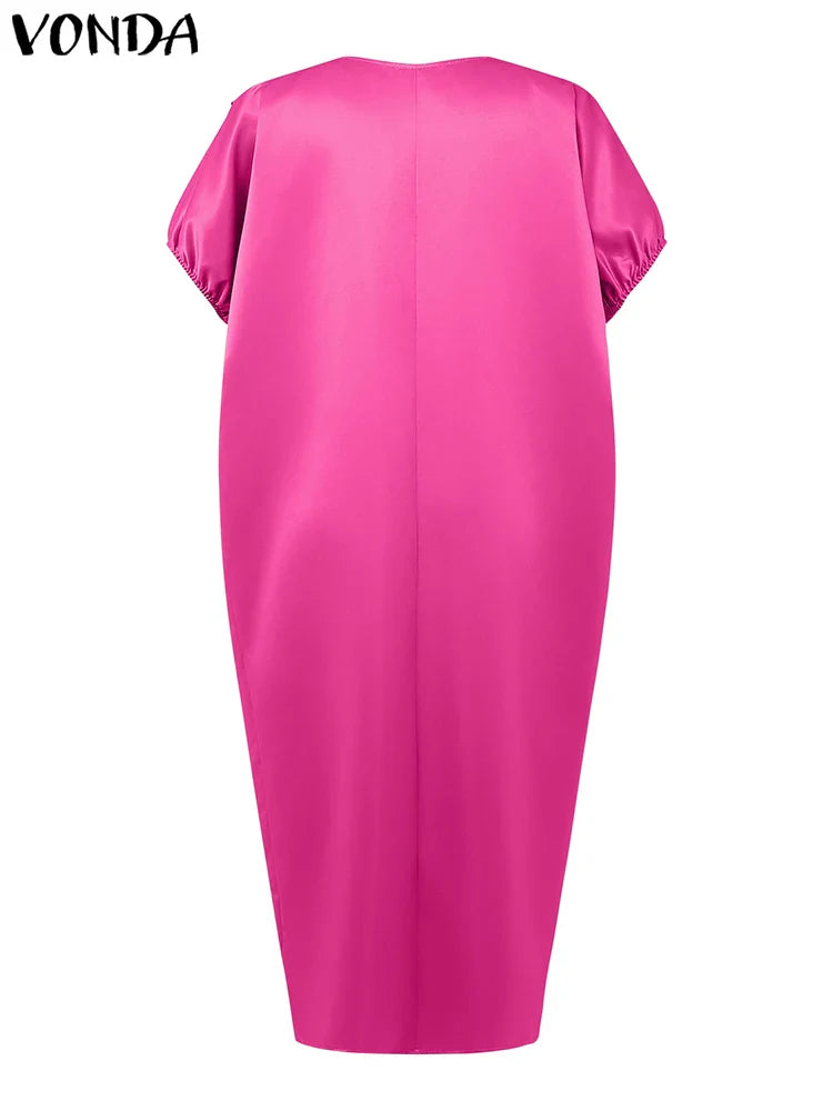VONDA Plus Size Bohemian Women Maxi Dress 2025 Summer Split Long Sundress V-Neck Short Sleeve Casual Solid Party Satin Robe 5XL