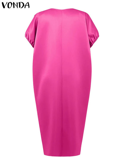 VONDA Plus Size Bohemian Women Maxi Dress 2025 Summer Split Long Sundress V-Neck Short Sleeve Casual Solid Party Satin Robe 5XL