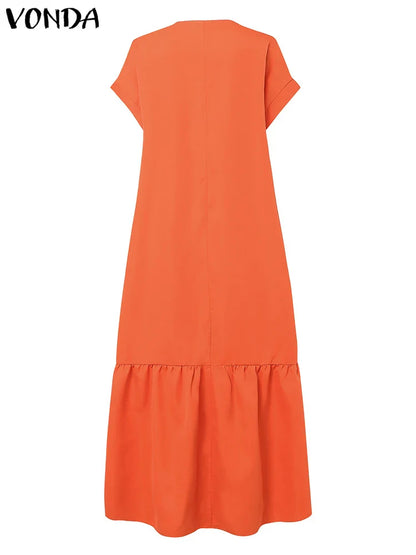 Plus Size VONDA Women Bohemian Dress 2025 Summer Sundress Solid Color Casual Short Sleeve Party Ruffled Vestidos V-Neck Robe