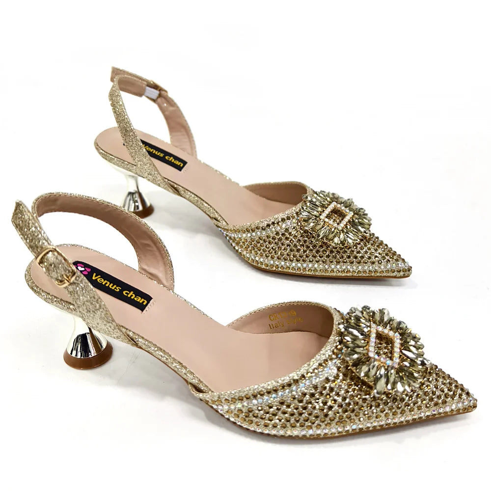 Venus Chan Luxury Rhinestone Heel & Handbag Set – Black & Gold Party Combo