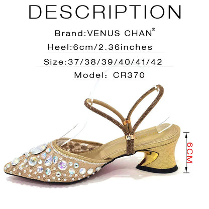 Venus Chan Pointed Toe Heels for Women Party Green Color Full Diamond Lace Matching Design Italian Shoe and Bag Set Designer