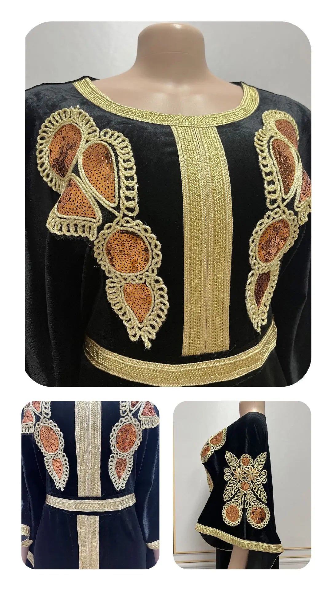 Ramadan Luxury Muslim Fashion Bat Sleeve Moroccan Turkiye Dubai Dress Middle East Arab Dress Sequins Golden Velvet Long Dress