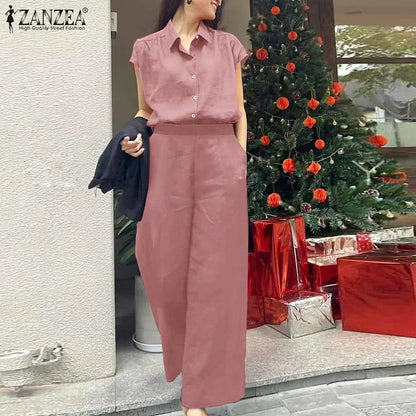 ZANZEA 2025 Summer Wide Leg Pants 2-Pieces Suits Elegant Commute Solid Causal Pant Sets Short Sleeve Shirt Women Trouser Outfits