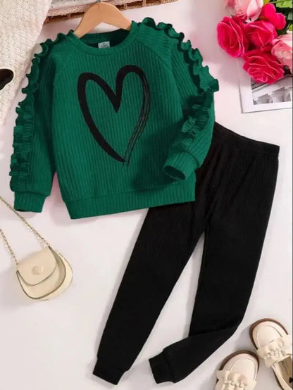 Spring and Autumn children fashion sports set girls sweater + casual pants two-piece girls cartoon heart printed clothing