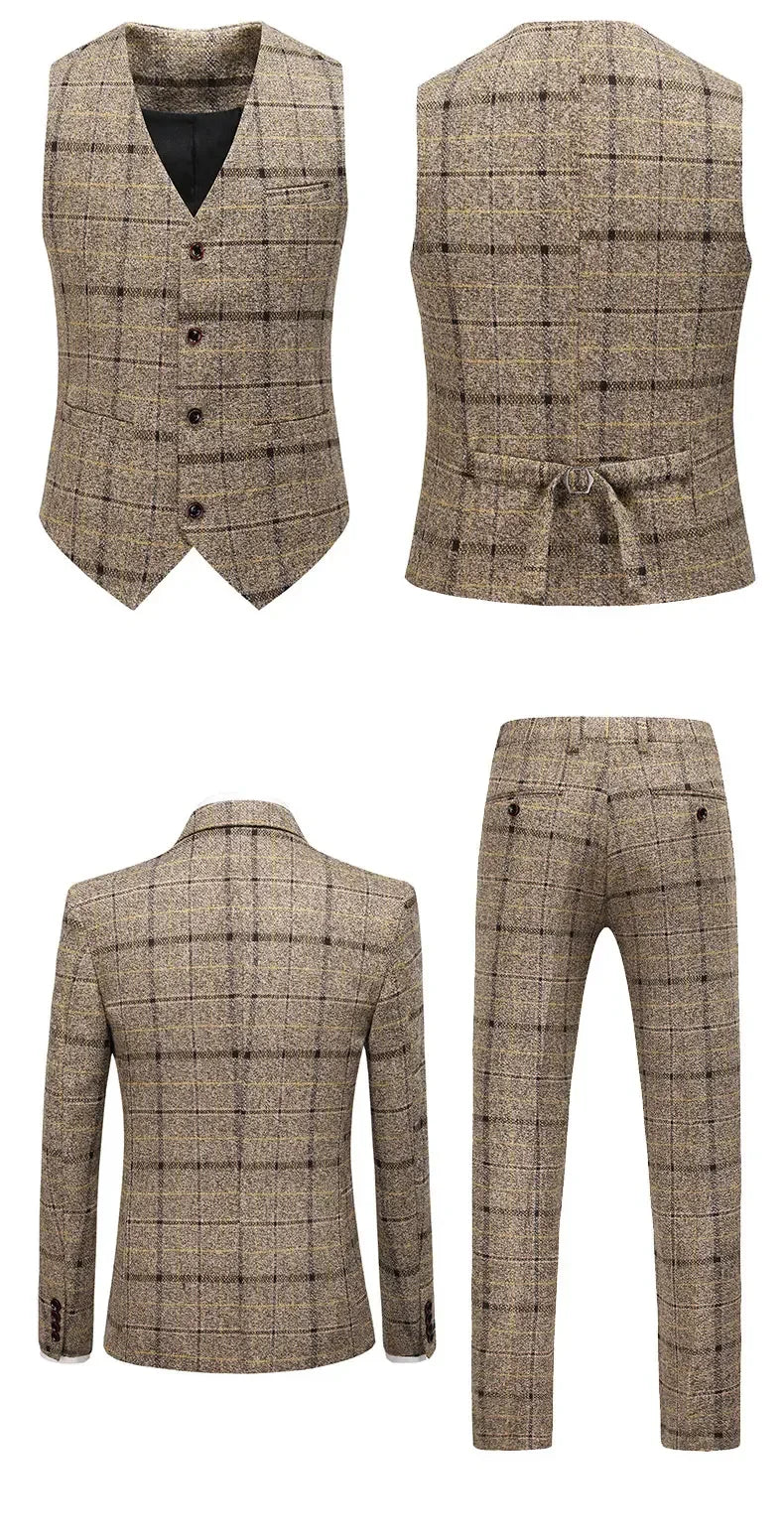 Traje De Hombre Elegante (Blazer+ Vest + Pants) Men's Fashion Business Gentleman Wedding Casual Plaid Cotton Linen British Suit
