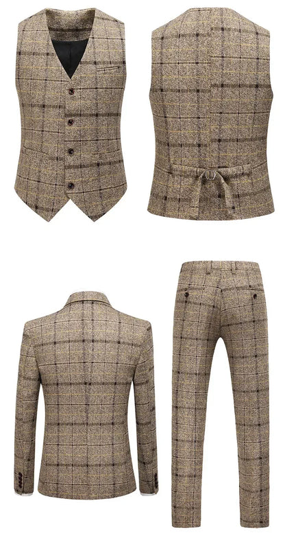 Traje De Hombre Elegante (Blazer+ Vest + Pants) Men's Fashion Business Gentleman Wedding Casual Plaid Cotton Linen British Suit