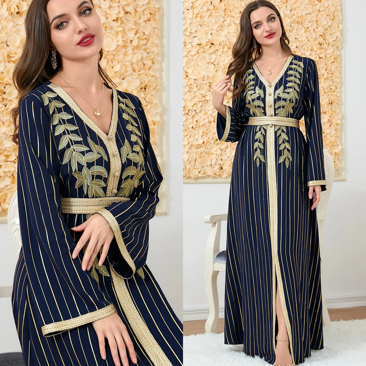 Ramadan Luxury Muslim Fashion Bat Sleeve Moroccan Turkiye Dubai Dress Middle East Arab Dress Sequins Golden Velvet Long Dress