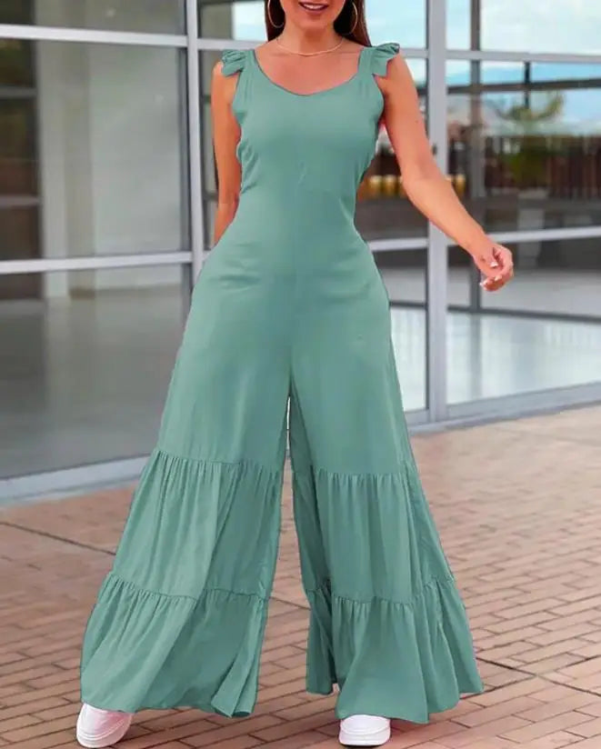 Women's Jumpsuit 2023 Summer Fashion Sleeveless Frill Hem Shirred Casual Sweetheart Neck Plain Wide Leg Long Flared Leg Jumpsuit