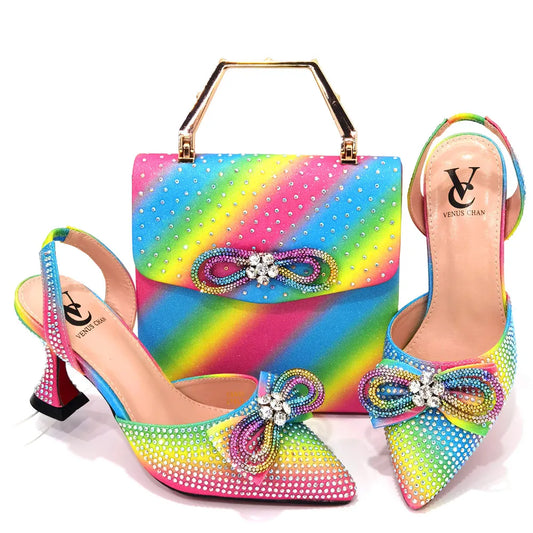 The Latest Style Rhinestone Bow Side Empty Party High Heels Pointed Toe Stiletto Heels Silver Women's Shoes And Bags