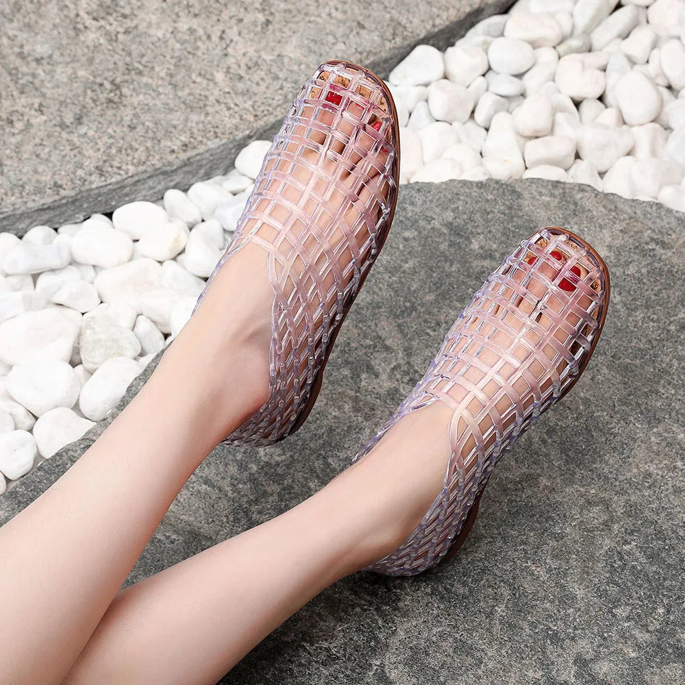 Summer Mesh Hole Flat Sandals For Women Jelly Shoes Elegant Fisherman Loafers Walking Comfy