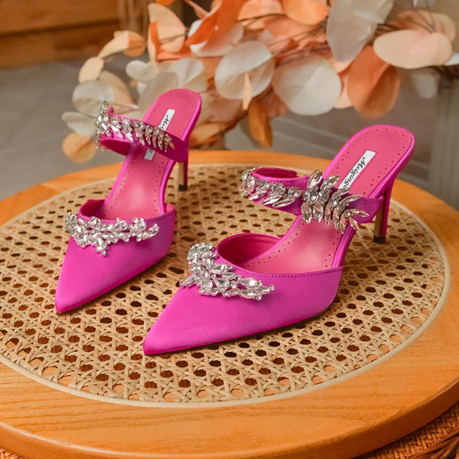 Women's High HeelsTemperament Baotou Silk Wheat Ear Rhinestones Muller Semi-Trailer Pump Pointed Stiletto Sandals