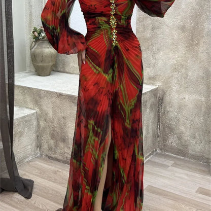 Women Floral Lantern Long Sleeve Dress Elegant Rhinestone Off Shoulder Maxi Dresses Sexy Deep V-neck  Waist Split Parties Dress