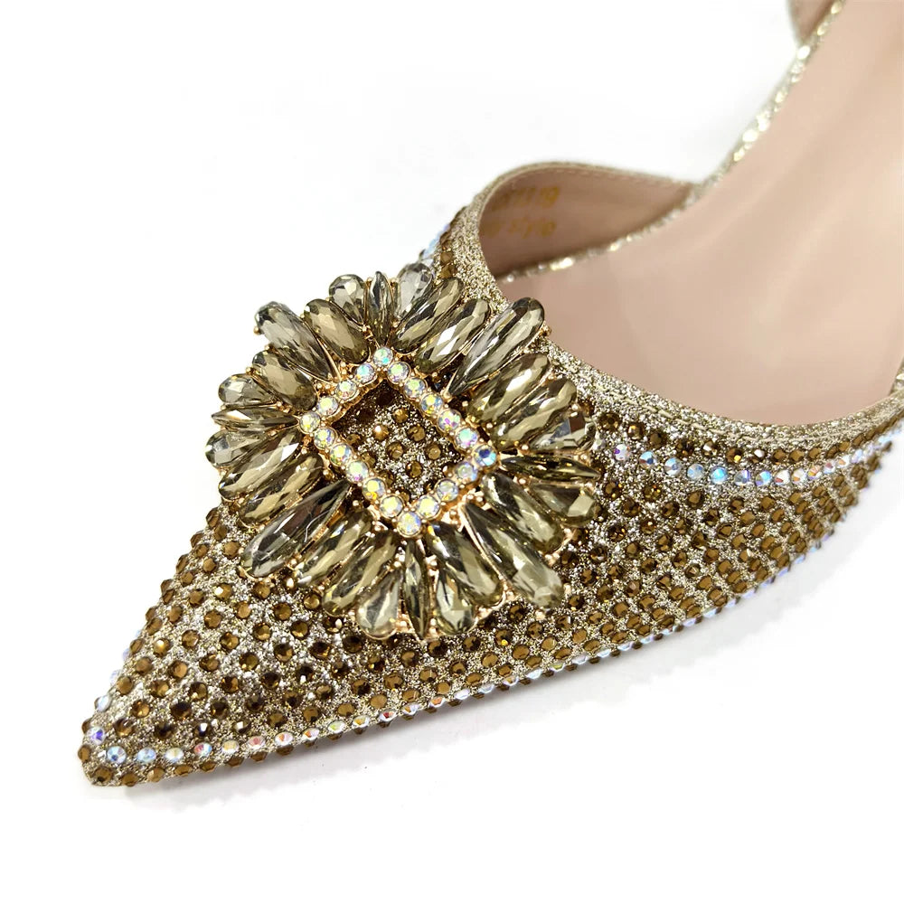 Venus Chan Luxury Rhinestone Heel & Handbag Set – Black & Gold Party Combo