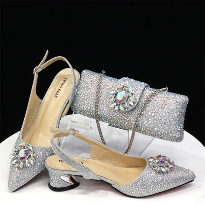 New Arrival Fashion Shoes Matching Bag Set Royal Blue Color Decorated with Crystal Ladies Wedding Party Women High Heel