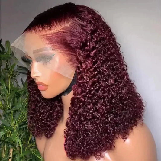 Water Wave Short Bob Cut 99J Red Burgundy Color 13X4 Lace Front Synthetic Wig For Black Women Prepluck Hairline Cosplay Daily