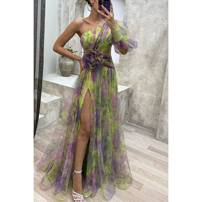Women New Party Mesh Sloping Shoulder Dress Casual Fashion Sexy High Waist Long Maxi Loose Dress