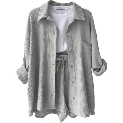 Women's Short Sets 2 Pcs Sale Grass Green Loose Button Cardigan Blouse Coats & Drawstring Wide Leg Loose Short Pant Suits