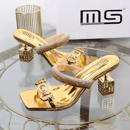 Womens Slippers with Middle Heel Open Toes Anti Slip Rhinestones Chain Buckle 2025 New Summer Outdoor PU Fashion Slippers