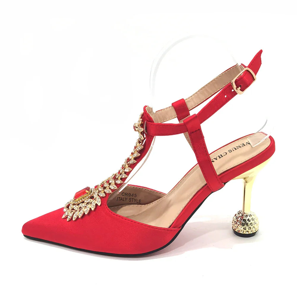 Venus Chan 2023 Italian Design Girly Style Pointed Toe Wedding Shoes And Bag, Full Diamond Decoration Metal Closure Bag