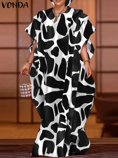 Women Party Maxi Long Dress 2024 VONDA Bohemian Sundress Summer Bat-wing Sleeve Printed Dress Casual Loose Robe Fashion Vestidos