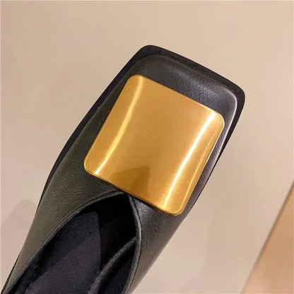 Women's Slippers Fashion Metal Buckle Mules for women Flat Heels Square Toe Shallow Shoes Outdoor Slides Female Casual Sandals