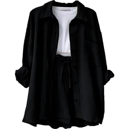 Women's Short Sets 2 Pcs Sale Grass Green Loose Button Cardigan Blouse Coats & Drawstring Wide Leg Loose Short Pant Suits