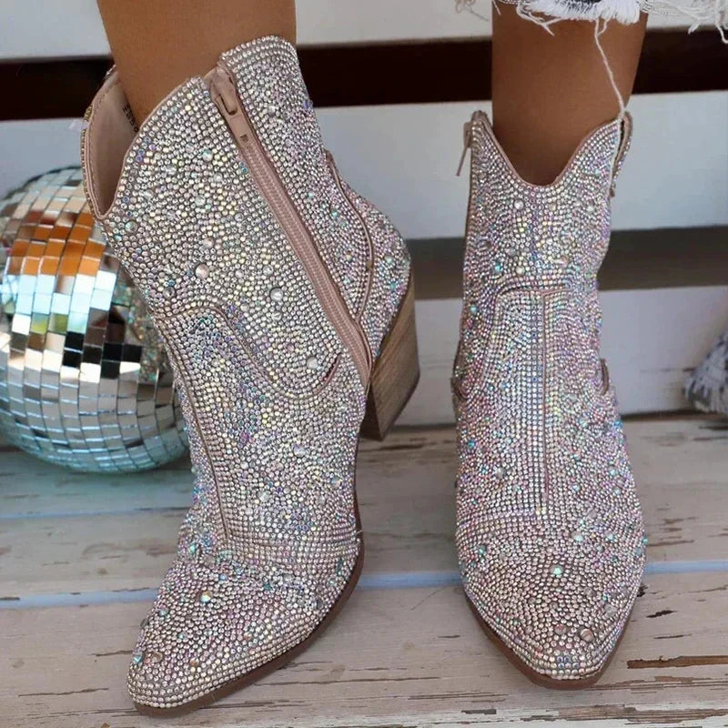 Western Cowboy Boots Fashion Women Ankle Boots Glitter Bling Shiny Trend High Heels High Quality Sexy Shoes Botas De Mujer 2024