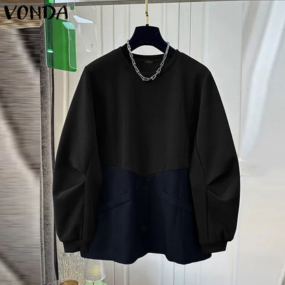 VONDA Casual Pullovers Round Neck Hoodies Spring Patchwork Contrasting Button Long Sleeved Sweatshirts 2025 Oversized Blouses