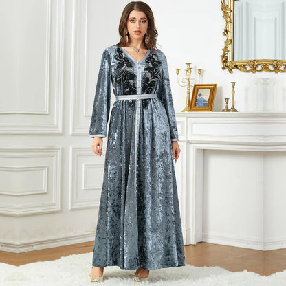 Ramadan Luxury Muslim Fashion Bat Sleeve Moroccan Turkiye Dubai Dress Middle East Arab Dress Sequins Golden Velvet Long Dress