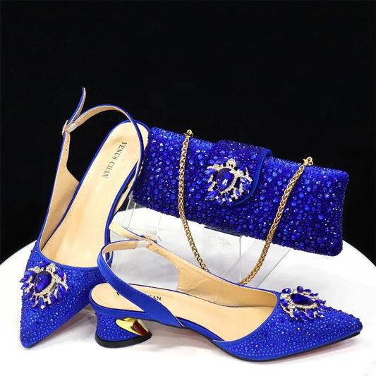 New Arrival Fashion Shoes Matching Bag Set Royal Blue Color Decorated with Crystal Ladies Wedding Party Women High Heel