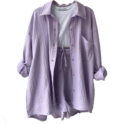 Women's Short Sets 2 Pcs Sale Grass Green Loose Button Cardigan Blouse Coats & Drawstring Wide Leg Loose Short Pant Suits