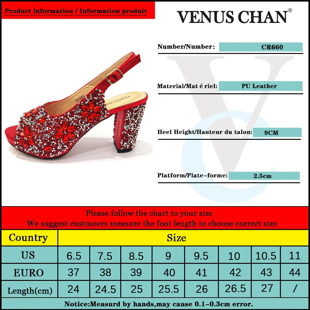 Venus Chan Nigerian Green Color Women's Party High Heel Shoes Full Diamond Design Fashion Summer Sandals Wedding Ladies Shoes