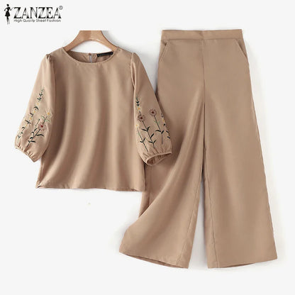 ZANZEA Fashion Women 3/4 Sleeve Embroidery Blouse Pants Sets Autumn 2PCS Floral Tracksuit Casual Loose Wide Leg Trousers Suits