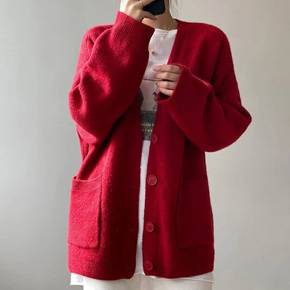 Rimcoy 2025 Chic Yellow Sweater Cardigan Women Lazy Wind Single-Breasted Knitted Cardigan Women Solid V Neck Cardigans Female