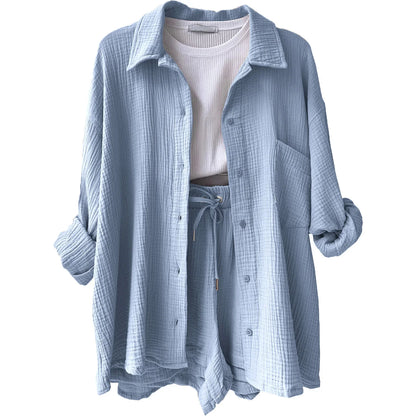 Women's Short Sets 2 Pcs Sale Grass Green Loose Button Cardigan Blouse Coats & Drawstring Wide Leg Loose Short Pant Suits