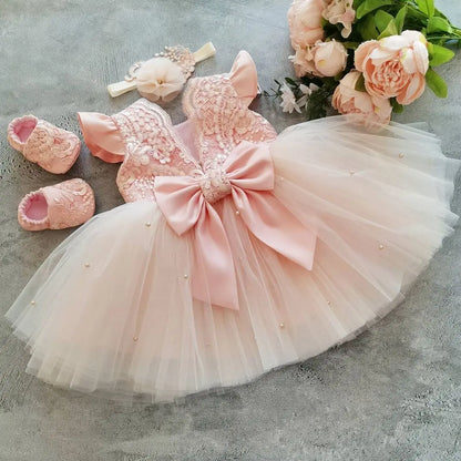 Toddler Kids 1st Birthday Baptism Party Dress for Girl Princess Luxury Embroidery Costume Backless Bow Wedding Gown Baby Dresses