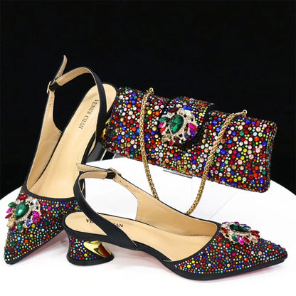 New Arrival Fashion Shoes Matching Bag Set Royal Blue Color Decorated with Crystal Ladies Wedding Party Women High Heel