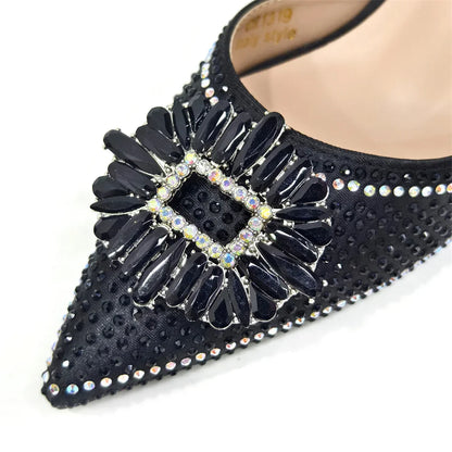Venus Chan Luxury Rhinestone Heel & Handbag Set – Black & Gold Party Combo