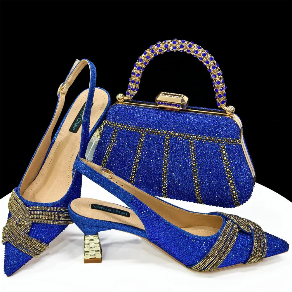 Venus Chan Black Hollow Design With Pointed Shoes And Fashion Three-Dimensional Bag Cozy Rhinestones Are Suitable For Parties