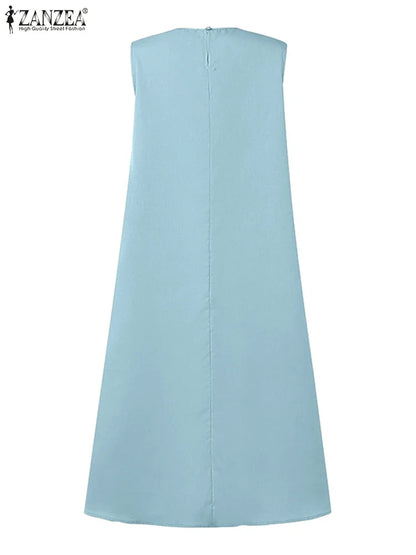 ZANZEA Summer Women's A-line Midi Dresses Casual O-Neck Shirring Pleated Tank Vestidos 2025 Fashion Holiday Solid Robes Femme