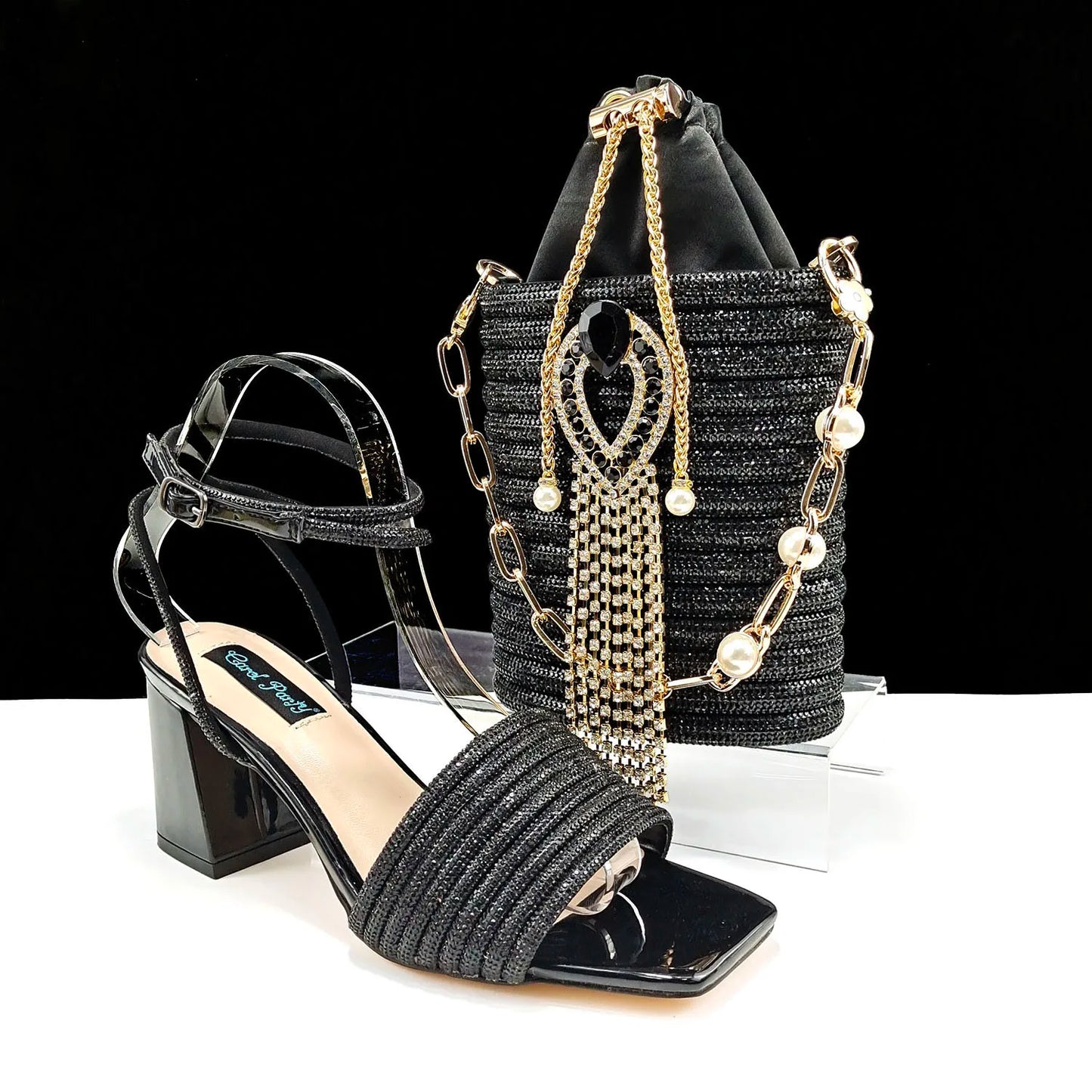 Newest Olive Colour Personalized  Design Rhinestone Decoration High Heel Peep Toe Banquet Ladies Shoes And Bag Set
