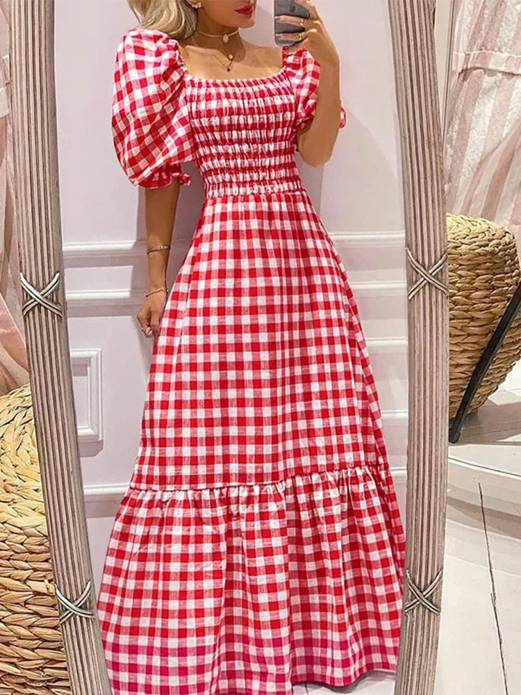 VONDA 2024 Summer Women Maxi Dress Casual Short Sleeve Square Collar Vintage Plaid Party Bohemian Vestidos Loose Long Sundress