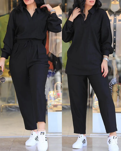 Women Spring Summer 2pcs Clothes Set Lantern Sleeve Top & Pocket Design Pants Set Solid Color Shirt Long Pants