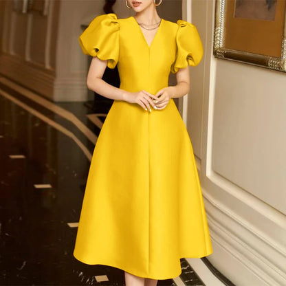 ZANZEA Woman Elegant Party Dress Summer Puff Sleeve V-Neck Dresses Fashion Solid Sundress Vintage A Line Vestidos Oversized 2024