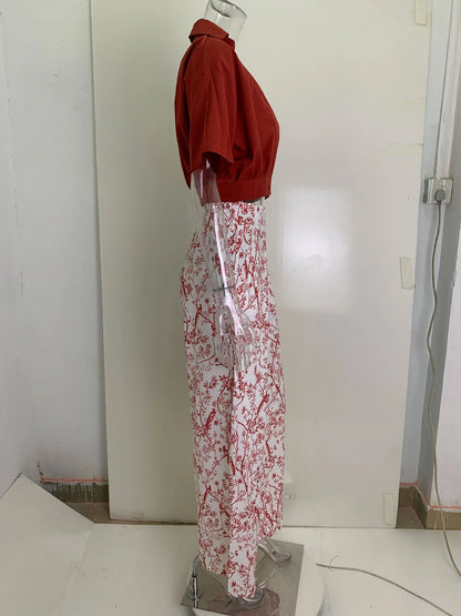 Summer New Printed Pants Sets Women Fashion Raglan Sleeves V-neck Cropped Top High Waist Wide Legs Trousers Two Piece Set Female