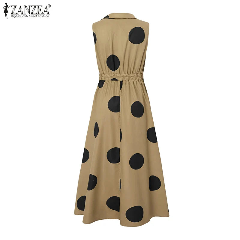 ZANZEA Summer Office Lady Sundress Woman Stylish Polka Dot Maxi Dresses Elegant Party Dress Fashion Sleeveless Holiday Robe 2025
