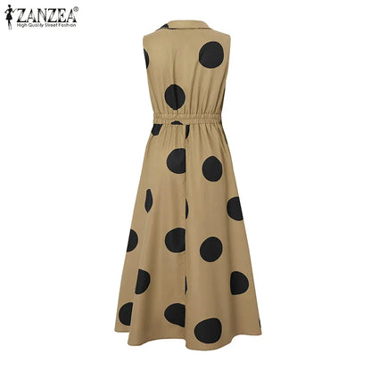 ZANZEA Summer Office Lady Sundress Woman Stylish Polka Dot Maxi Dresses Elegant Party Dress Fashion Sleeveless Holiday Robe 2025