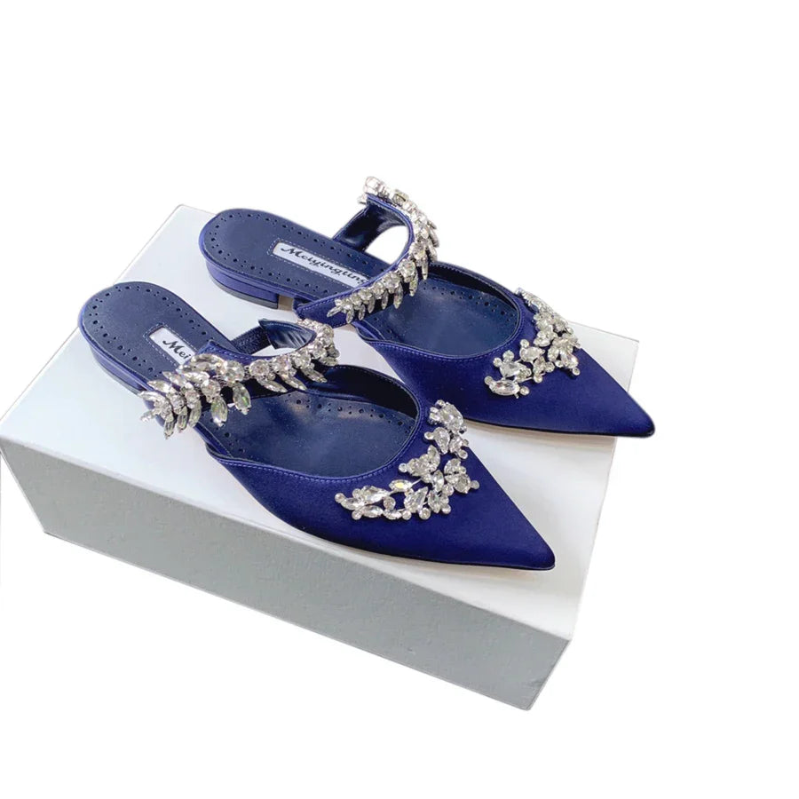 Women's High HeelsTemperament Baotou Silk Wheat Ear Rhinestones Muller Semi-Trailer Pump Pointed Stiletto Sandals