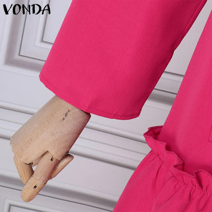 Plus Size VONDA Women Ruffled Maxi Long Dress 2024 Casual Solid Color A-Line Shirt Dress Stand Collar Long Sleeve Party Vestido